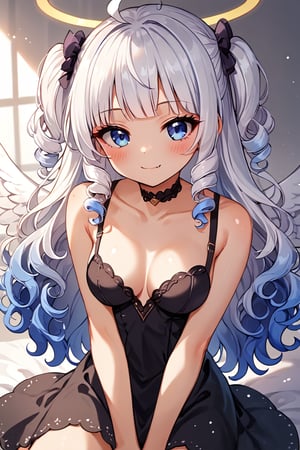 (score_9, score_8_up, score_7_up), 1girl, angel, white hair, long curly hair, (two side up), blue eyes,  (curly hair:1.2), (wavy hair), (hair curls)
, (bangs), (two side up), two blue hair ties on head, (Double golden halo on her head), bowtie choker, angel wings, ahoge, fang, dress, long hair, smile, solo, (medium breasts:2), white hair, black dress, looking at viewer, breasts, bare shoulders, sidelocks, collarbone, blush, sitting, purple eyes, blue eyes, beautiful eyes, (petite:2), blunt bangs, gradient hair, 