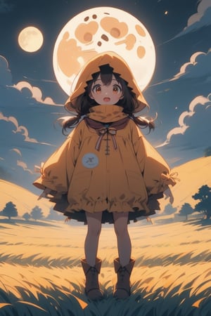 A cute girl dressed as a scarecrow was in the farmland at night, surrounded by a strange atmosphere that made her feel scared, cute, Huge Moon, glowing moon, Japanese anime style