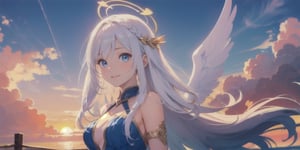  (Best Picture Quality, High Quality, Best Picture Score: 1.3), , Perfect Beauty Score: 1.5, long hair, 1 angel girl, (solo), ((white hair)), (long curly hair), blue eyes, ((two blue ribbons on her hair)), (Double golden halo on her head), (angel wings), (cute outfit), cute smile, background is the setting sun and the sky dyed red by the setting sun, beautiful, cute, masterpiece, best quality,