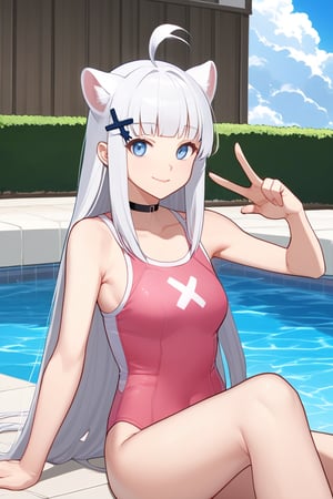 score_9, score_8_up, score_7_up, score_6_up, source_anime, 1girl, stoat girl, solo,  ((white hair)), very long hair, blue eyes, (straight hair), (bangs), animal ears, (stoat ears:1.2, Choker, ahoge, yaeba, (big white stoat Tail:1.2), (blue X hairpin), solo,  amagamiai, pink one-piece swimsuit, two-tone swimsuit, sitting, swimming pool, wink, peace sign, looking at you, blue sky