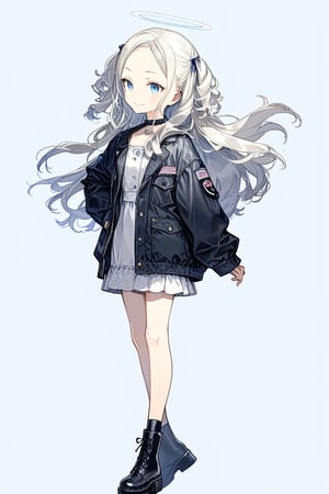 1girl, angel, white hair, long curly hair, two side up, Bangs, blue eyes, two blue ribbons on her hair, (Double golden halo on her head), choker, angel wings, blue choker, black footwear, blue background, boots, full body, jacket, looking back, open clothes, open jacket, simple background, smile, solo, standing, very long hair, masterpiece, best quality, aesthetic, realistic, 