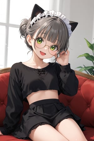 1girl, (gray hair), green eyes, (short hair), (Flat bangs), (one hair bun:1.2), (black round frame glasses:1.2), (cat ear headdress), (fleece top:1.2), long sleeve, Short skirt, (happy), (indoor), (eyes highlight), very beautiful girl, very cute face, (Medium chest), proud expression, :), sitting on sofa, cute pose, headtilt, masterpiece quality, masterpiece, 8K, stunning image, light particles, attractive image, reflections, Dutch Angle Shot,Beautiful eyes,