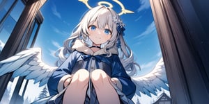 Anime-style illustration depicting a Japanese winter sky scene. A clear winter sky. A young girl,1angel, (white hair), long curly hair, blue eyes, (two blue ribbons on her hair), (Double golden halo on her head), ((angel wings)), dress, cute outfit, Sitting on a seat, best smile, cute face, wearing a choker and a hooded winter coat. The perspective is from below, focusing on the girl, the street lamp against the clear winter sky.