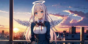  (Best Picture Quality, High Quality, Best Picture Score: 1.3), , Perfect Beauty Score: 1.5, long hair, 1 angel girl, (solo), ((white hair)), (long curly hair), blue eyes, ((two blue ribbons on her hair)), (Double golden halo on her head), (angel wings), (cute outfit), cute smile, background is the setting sun and the sky dyed red by the setting sun, beautiful, cute, masterpiece, best quality,koichoko school uniform