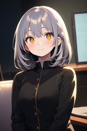 1girl, (gray hair), green eyes, (short hair and cute pigtails:1.2), wavy_hair, (black round frame glasses:1.2), (black star hairpin), (gakuran:1.2), long sleeve uniform, Short skirt, (happy), (indoor), (eyes highlight), very beautiful girl, very cute face, (Medium chest), sway back, half-closed eyes, :), sitting on sofa, cute pose, headtilt, masterpiece quality, masterpiece, 8K, stunning image, light particles, attractive image, reflections, Dutch Angle Shot,Beautiful eyes,