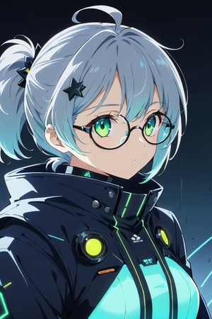 masterpiece, ultra detailed, HD, 

1girl, (gray hair), green eyes, (short ponytail:1.2), ahoge, (black round frame glasses:1.2), (black star hairpin), solo, Anime style, Japanese anime, cel shading, 

sanpaku eyes, cyberpunk costume, glowing outfit with neon lines, 

Anime Style