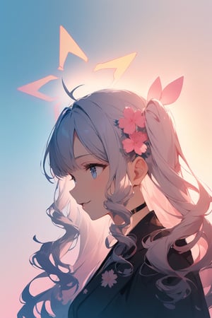 silhouette of angel girl, solo,  ((white hair)), very long hair, white hair, long curly hair, (two side up), blue eyes,  (curly hair:1.2), (wavy hair), (hair curls)
, (bangs), (two side up), two blue hair ties on head, (Double golden halo on her head), bowtie choker, angel wings, ahoge, fang,Soft colors. Inside the silhouette you can see the double exposure with a sakura flower, masterpiece, ((double exposure)), proportional.,DOUBLE EXPOSURE