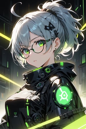 masterpiece, ultra detailed, HD, 

1girl, (gray hair), green eyes, (short ponytail:1.2), ahoge, (black round frame glasses:1.2), (black star hairpin), solo, Anime style, Japanese anime, cel shading, 

sanpaku eyes, cyberpunk costume, glowing outfit with neon lines, 

Anime Style