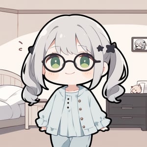 1girl, (gray hair), green eyes, long hair, ( pigtails:1.2), (black round frame glasses:1.2), (black star hairpin), (casual wear), collarbone, (Knight Coat), cotton pants, (happy), (in room), indoor, (eyes highlight), standing, ((upper body)), very beautiful girl, Sleepy eyes, closed mouth, :), himecut hairstyle, solo, (chibi), (Focus on face),((Chibi character)), chibi style