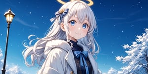 Anime-style illustration depicting a Japanese winter sky scene. A clear winter sky. A young girl,1angel, (white hair), long curly hair, blue eyes, (two blue ribbons on her hair), (Double golden halo on her head), ((angel wings)),  two side up, dress, cute outfit, best smile, cute face, wearing a choker and a hooded winter coat. The perspective is from below, choker, focusing on the girl, the street lamp against the clear winter sky.