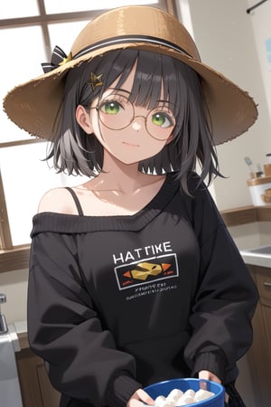 1girl, (gray hair), green eyes, medium hair, (bucket hat:1.2), (black round frame glasses:1.2), (black star hairpin), (light top), collarbone, (Sweater Jacket), cotton pants, Off-shoulder, (happy), (in room), indoor, (eyes highlight), standing, ((upper body)), very beautiful girl, Sleepy eyes, closed mouth, :), slightly angry, himecut hairstyle,, masterpiece quality, stunning image, masterpiece, 8K, stunning image, light particles, attractive image, reflections, Dutch Angle Shot,Beautiful eyes,