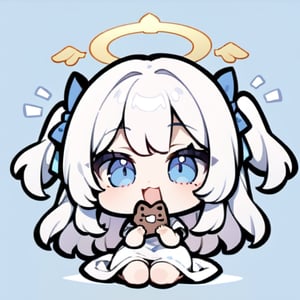  chibi, masterpiece, best quality, solo, 1girl, angel, (white hair), long curly hair, (two side up),blue eyes, (two blue ribbons on her hair), ((Double golden halo on her head)), choker, ((angel wings)), full body, cute smile, best smile, open mouth, Wearing white T-shirt, eating cat cookie,simple background,masterpiece,Chibi anime,doodle