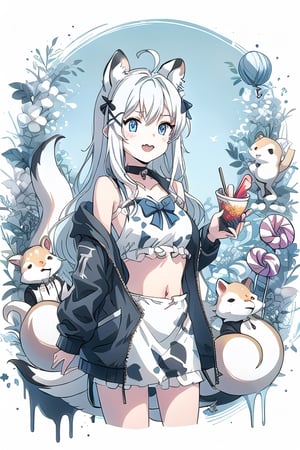 animal ear fluff, animal ears, 1girl, solo,  ((white hair)), very long hair, blue eyes, (straight hair), (bangs), animal ears, (stoat ears:1.2), Choker, ahoge, fangs, (big stoat Tail:1.2), (blue X hairpin), (White sleeveless collared dress, (midriff), blue chest bow), (black hooded oversized jacket:1.2), (jacket zipper half unzipped), (Off the shoulders), candy, food print, highres, holding, multiple girls, multiple tails,,tail,