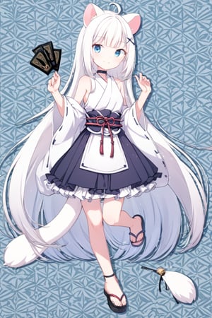 1 girl, stoat girl, solo,  ((white hair)), very long hair, blue eyes, (straight hair), (bangs), animal ears, (stoat ears:1.2),
 Choker, ahoge, yaeba, (big stoat Tail:1.2), (blue X hairpin), solo, simple background, Japanese pattern background, looking at viewer, bangs, smiling, blue eyes, frilly skirt, hair accessory, long sleeves, bare shoulders, mouth closed, standing, standing with one leg up, full body, sleeves removed, Japanese dress, sleeveless, black footwear, sleeves up to wrist, bell, sandals, Hanafuda cards,ink paint