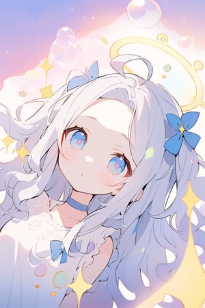 (finely best quality illustration:1.2), (kawaii girl:1.1), (1girl, solo:1), coquettish skin,  angel, white hair, long curly hair, (two side up), blue eyes, two blue bows on head, (Double golden halo on her head), choker, angel wings on back, ahoge, 
silver hair, wavy hair, hair,
pop, candy, kawaii, watercolor medium, dramatic angle,  lowing long hair, parted bangs, grey hair, flowery bubbles, the bottom of the bottle background, sparkle, 