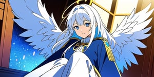 vibrant colors, female, masterpiece, sharp focus, best quality, depth of field, cinematic lighting, ((solo, one woman )), (illustration, 8k CG, extremely detailed), masterpiece, ultra-detailed,
1angel, (white hair), long curly hair, blue eyes, (two blue ribbons on her hair), (Double golden halo on her head), angel wings, White shirt, sweater, cute outfit, Sitting on a huge throne, best smile, cute face, perfect light,1girl white hair blue eyes x hair ornament,masterpiece