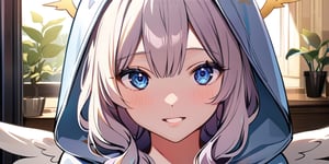 ((masterpiece, best quality, highres:1.2)), perfect face, more detail XL, Kyoto animation style, depth of field, 1girl, solo, angel, white hair, long curly hair, blue eyes, two blue ribbons on her hair, (Double golden halo on her head), angel wings, breasts, looking at viewer, smile, bangs, long sleeves, upper body, teeth, indoors, hood, cosplay, hoodie, plant, hood up,