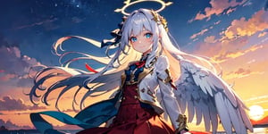  (Best Picture Quality, High Quality, Best Picture Score: 1.3), , Perfect Beauty Score: 1.5, long hair, 1 angel girl, (solo), ((white hair)), (long curly hair), blue eyes, ((two blue ribbons on her hair)), (Double golden halo on her head), (angel wings), (cute outfit), cute smile, background is the setting sun and the sky dyed red by the setting sun, beautiful, cute, masterpiece, best quality,