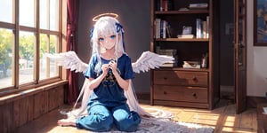  (Best Picture Quality, High Quality, Best Picture Score: 1.3), , Perfect Beauty Score: 1.5, long hair, 1 angel girl, (solo), ((white hair)), (long curly hair), blue eyes, ((two blue ribbons on her hair)), (Double golden halo on her head), (angel wings), (cute outfit), Wearing a T-shirt and pajamas trousers, sitting on the floor of the room, sad expression, beautiful, cute, masterpiece, best quality,