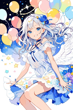 //quality
masterpiece, best quality, aesthetic, 
//Character
1girl, angel, white hair, long curly hair, two side up, blue eyes, two blue ribbons on her hair, (Double golden halo on her head), choker, angel wings, glossy lips, (beautiful and detailed eyes:1.1), big eyes, (medium breasts:1.1), (smirk:1.2), 
//Fashion
A girl with a light blue ribbon tied in her hair is wearing a fluffy and cute dress. The dress is white and blue with floral patterns, and the skirt is spread out to the knees. A ribbon of the same color as the light blue ribbon is decorated on the chest of the dress. The girl has a shy smile on her face and poses for the camera. Her eyes sparkle and her happy expression is impressive. The girl's illustration makes you feel a bright and gentle atmosphere.

Behind the girl, there is a colorful and fun background. Colorful balloons, flowers, stars, and hearts are floating in the sky. The colors of the background match the girl's dress and ribbon, enhancing the gorgeousness and cuteness. 
//Background 
(watercolor:0.6), dynamic pose, dynamic angle, 