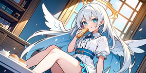 vibrant colors, female, masterpiece, sharp focus, best quality, depth of field, cinematic lighting, ((solo, one woman )), (illustration, 8k CG, extremely detailed), masterpiece, ultra-detailed,
1angel, (white hair), long curly hair, blue eyes, (two blue ribbons on her hair), (Double golden halo on her head), angel wings, dress, cute outfit, Sitting on a seat, eating  bread, best smile, cute face, perfect light,1girl white hair blue eyes x hair ornament,masterpiece