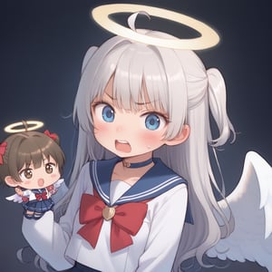 1girl, angel, white hair, long curly hair, (two side up), blue eyes, two blue bows on head, (Double golden halo on her head), choker, angel wings on back, ahoge,  (Sailor Suit), (student uniform), dark blue collar, (red bow tie), Dark blue pleated skirt, blush, (In a dark room), (eyes highlight), standing, ((upper body)), very beautiful girl, shock, surprise, eyes wide open, Open mouth wide, sweat, slightly angry, himecut hairstyle, solo, (chibi), (Focus on face),((Chibi character))