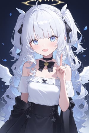 1girl, angel, white hair, long curly hair, (two side up), blue eyes,  (curly hair:1.2), (wavy hair), (hair curls)
, (bangs), (two side up), two blue hair ties on head, (Double golden halo on her head), bowtie choker, angel wings, ahoge, fang, (((white T-shirt))), virtual_youtuber, solo, long_hair, dress, eyepatch,looking_at_viewer, smile, ahoge, open_mouth, gothic_lolita, lolita_fashion, bare_shoulders, breasts, blush, mole_under_eye, , mole, bangs, cross, choker, v, collarbone, petals, 