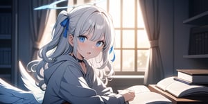 shiny, vibrant colors, female, masterpiece, sharp focus, best quality, depth of field, cinematic lighting, ((solo, one girl)), (illustration, 8k CG, extremely detailed), masterpiece, ultra-detailed,
1girl, angel, white hair, long curly hair, two side up,blue eyes, two blue ribbons on her hair, (Double golden halo on her head), choker, (angel wings), wearing glasses,  Wearing grey Hooded T-shirt, sitting, reading, open book on desk, in a heaven room, the cutest room, light blue theme, look in the camera, open mouth, shiny background,Flat vector art,Visual Anime