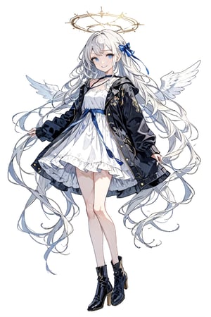 1girl, angel, white hair, long curly hair, two side up, Bangs, ahoge, blue eyes, two blue ribbons on her hair, (Double golden halo on her head), choker, angel wings, blue choker, black footwear, blue background, boots, full body, jacket, looking back, open clothes, open jacket, simple background, smile, solo, standing, very long hair, masterpiece, best quality, aesthetic, realistic, 