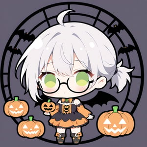 1girl, (gray hair), green eyes, ahoge, (short ponytail:1.2), (black round frame glasses:1.2), dress, halloween outfit, boots, bats, cobweb, pumpkin lantern, blush, simple halloween background), (eyes highlight), standing, solo, (chibi), (Focus on face), 