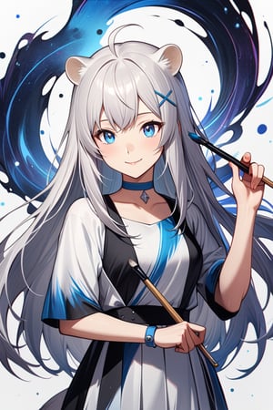 A very beautiful anime girl, 1girl, stoat girl, solo,  ((white hair)), very long hair, blue eyes, (straight hair), (bangs), animal ears, (stoat ears:1.2),
 Choker, ahoge, yaeba, (big white stoat Tail:1.2), (blue X hairpin),wearing a very casual outfit, white background, holding a big paintbrush, holding palette, the girl is drawing a line of ink in the air as if it were a canvas, front view, looking away, smiling, shining gaze, masterpiece quality, stunning image, colorful,ink paint,Ink art