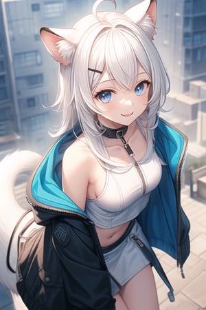 masterpiece, best quality, laplace, 1girl, solo,  ((white hair)), very long hair, blue eyes, (straight hair), (bangs), animal ears, (stoat ears:1.2), Choker, ahoge, fangs, (big stoat Tail:1.2), (blue X hairpin), (White sleeveless collared dress, (midriff), blue chest bow), (black hooded oversized jacket:1.2), (jacket zipper half unzipped), (Off the shoulders), lolita, smile, leaning forward, city street, close-up , from above, look up,yaeba,anime,light