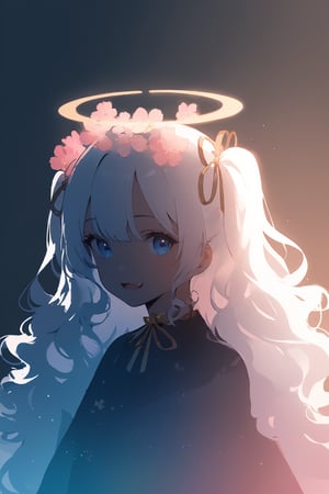 silhouette of angel girl, solo,  ((white hair)), very long hair, white hair, long curly hair, (two side up), blue eyes,  (curly hair:1.2), (wavy hair), (hair curls)
, (bangs), (two side up), two blue hair ties on head, (Double golden halo on her head), bowtie choker, angel wings, ahoge, fang,Soft colors. Inside the silhouette you can see the double exposure with a sakura flower, masterpiece, ((double exposure)), proportional.,DOUBLE EXPOSURE