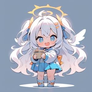  chibi, masterpiece, best quality,1girl, angel, (white hair), long curly hair, (two side up),blue eyes, (two blue ribbons on her hair), ((Double golden halo on her head)), choker, ((angel wings)), ahoge, full body, cute smile, best smile, open mouth, Wearing grey Hooded T-shirt, long sleeves, pleated skirt, (holding a pair of chopsticks), ,masterpiece,simple background, 