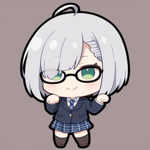 1girl, (gray hair), green eyes, ahoge, short hair, (striking bob cut and intense, hair covering one eye:1.2), (black round frame glasses:1.2), (school uniform), tight clothes, white shirt, blue tie, Blue plaid pleated skirt, Dark blue blazer, boots, half-closed eyes, blush, (paw pose), (simple school background), (eyes highlight), standing, ((upper body)), very beautiful girl, smiling, happy, himecut hairstyle, solo, (chibi), (Focus on face), 