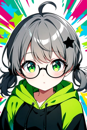 japanese cool anime,1girl, solo, (gray hair), green eyes, (short Twin ponytails:1.2), (wavy hair), ahoge, (black round frame glasses:1.2), (black star hairpin), Colorful pop art, , brightly, Beautiful green Eyes, dark green hoodie jacket, Color Splash,upper body.,Beautiful eyes,niji6