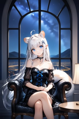 An animated image, 1girl, stoat girl, solo,  ((white hair)), very long hair, blue eyes, (straight hair), (bangs), animal ears, (stoat ears:1.2),
 Choker, ahoge, yaeba, (big white stoat Tail:1.2), (blue X hairpin), wearing a black strapless corset with a star on the chest. sitting on a black leather chair with her legs crossed. The chair is sitting in front of a window. There are two tables on either side of the woman with lamps on them, stunning image, digital art, professional style, ((masterpiece quality: 2)), starry night, close up, attractive image,ink paint