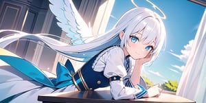 vibrant colors, female, masterpiece, sharp focus, best quality, depth of field, cinematic lighting, ((solo, one woman )), (illustration, 8k CG, extremely detailed), masterpiece, ultra-detailed,
1angel, (white hair), long curly hair, blue eyes, (two blue ribbons on her hair), (Double golden halo on her head), angel wings, dress, cute outfit, Sitting on a seat, best smile, cute face, perfect light,1girl white hair blue eyes x hair ornament,masterpiece