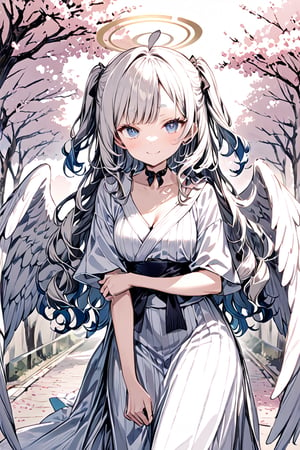 masterpiece, best quality, aethetic,Pretty girl,1girl, angel, white hair, long curly hair, (two side up), blue eyes,  (curly hair:1.2), (wavy hair), (hair curls)
, (bangs), (two side up), two blue hair ties on head, (Double golden halo on her head), bowtie choker, angel wings, ahoge,Thin eyebrows,light blue eyes,（Sakura kimono：1.4）,Long skirts,Touched smile,gentle smile,Facial flushing,Cherry blossom trees,thick bangs,looking at viewer,closed mouth,aesthetic,score_9_up