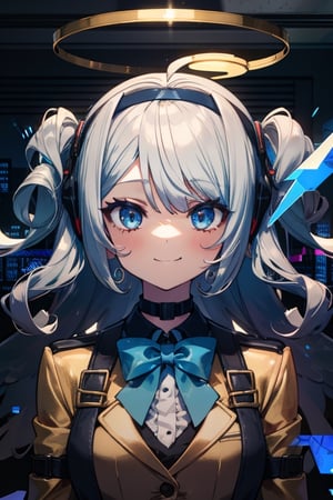 1girl, angel, white hair, long curly hair, (two side up), blue eyes,  (curly hair:1.2), (wavy hair), (hair curls)
, (bangs), (two side up), two blue hair ties on head, (Double golden halo on her head), bowtie choker, angel wings, ahoge, fang,,Glitching, glitch,upper body,smile,,masterpiece, high quality, best quality, highres,