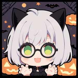 1girl, (gray hair), green eyes, ahoge, (striking bob cut and intense), (black round frame glasses:1.2), Gothic lolita style dress, cat ears, (claw pose), bats, cobweb, pumpkin lantern, moon, blush, (simple halloween background), (eyes highlight), standing, ((upper body)), very beautiful girl, smiling, happy, himecut hairstyle, solo, (chibi), (Focus on face), 