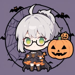 1girl, (gray hair), green eyes, ahoge, (short ponytail:1.2), (black round frame glasses:1.2), dress, halloween outfit, boots, bats, cobweb, pumpkin lantern, blush, simple halloween background), (eyes highlight), standing, solo, (chibi), (Focus on face), 