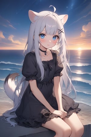 1girl, stoat girl, solo,  ((white hair)), very long hair, blue eyes, (straight hair), (bangs), animal ears, (stoat ears:1.2),
 Choker, ahoge, yaeba, (big white stoat Tail:1.2), (blue X hairpin),  solo, long hair, looking at viewer, blush, bangs, brown hair, hair ornament, dress, sitting, closed mouth, short sleeves, outdoors, sky, puffy sleeves, cloud, wide sleeves, water, black dress, puffy short sleeves, lips, black ribbon, ocean, star \(sky\), sunset, horizon,Detail