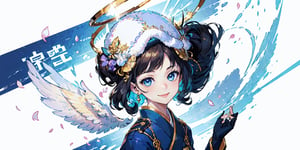  figure, (1girl), (solo), (angel_wings), ((white long curly hair)), blue eyes, two blue ribbons on her hair, (Double golden halo on her head), middle_breast, , cute smile, Japanese military uniform, Japanese military hat, fighting pose, background is cherry blossoms, masterpiece, masterpiece, best quality, better_hands, five fingers,