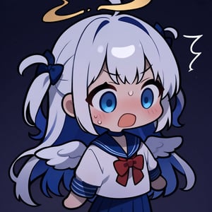 1girl, angel, white hair, long curly hair, (two side up), blue eyes, two blue bows on head, (Double golden halo on her head), choker, angel wings on back, ahoge,  (Sailor Suit), (student uniform), dark blue collar, (red bow tie), Dark blue pleated skirt, blush, (In a dark room), (eyes highlight), standing, ((upper body)), very beautiful girl, shock, surprise, eyes wide open, Open mouth wide, sweat, slightly angry, himecut hairstyle, solo, (chibi), (Focus on face),((Chibi character))