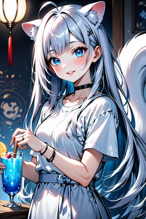 Masterpiece, 1 cute girl,1girl, stoat girl, solo,  ((white hair)), very long hair, blue eyes, (straight hair), (bangs), animal ears, (stoat ears:1.2),
 Choker, ahoge, yaeba, (big white stoat Tail:1.2), (blue X hairpin), solo, looking at viewer, long hair, bangs, smiling, simple background, heart \(symbol\), star (symbol\),  shirt,  holding with both hands, blue eyes, white shirt, upper body,  open lips, bracelet, cup, ring, cup held in hand, Japanese pattern background, cup, ice, straw, drink, glass, ice,ink paint