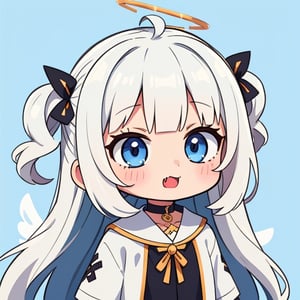cute, kawaii, chibi, 1girl, angel, ((white hair)), long curly hair, (two side up), blue eyes,  (curly hair:1.2), (wavy hair), (hair curls), (bangs), (two side up), two blue hair ties on head, (Double golden halo on her head), choker, angel wings, ahoge, fang, White dress with blue lace trim, anime style, cute pose,chibi,