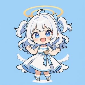 chibi, sd, masterpiece, made by a master, 4k, perfect anatomy, perfect details, best quality, high quality, lots of detail.
1girl, (angel), (white hair), long curly hair, (two side up), blue eyes,  (curly hair:1.2), (wavy hair), (hair curls), (bangs), (two side up), two (blue) hair ties on head, (Double golden halo on her head), choker, ((angel wings)), ahoge, White dress with blue trim, single, looking at camera, smiling, fang, happy, slightly angry, chibi, Emote Chibi.
simple background, Line,cute comic,simple background, flat color,chibi,Cute girl