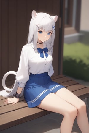 1girl, stoat girl, solo,  ((white hair)), very long hair, blue eyes, (straight hair), (bangs), animal ears, (stoat ears:1.2),
 Choker, ahoge, yaeba, (big white stoat Tail:1.2), (blue X hairpin), An animated animated girl with blue eyes is sitting on a wooden bench. She is wearing a short blue skirt with a white shirt and a blue bow tie. There is a small white cup of coffee on the bench in front of her. Behind her is a green lawn with small white flowers on it. A tree with yellow leaves is on the left side of the bench. Behind the tree is a wooden door with a black handle. Blurry background, detailed image, detailed skin, stunning image, 8k, proffesional style, luxurious room in background, ((masterpiece: 1.2)), light particles. Masterpiece, stunning image, professional style