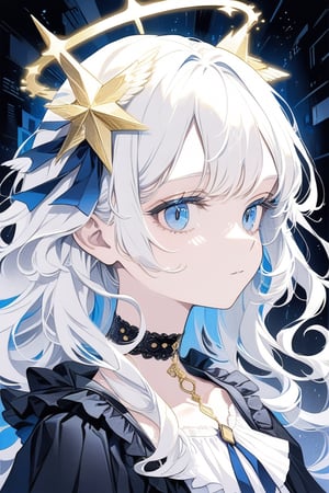 portrait of cute detecive in the noir city, 1girl, angel, white hair, long curly hair, (two side up), blue eyes, two blue ribbons on her hair, (Double golden halo on her head), choker, angel wings, detailed illustration portrait, incredible details, disney stylized cute, dark cyberpunk illustration,Visual Anime